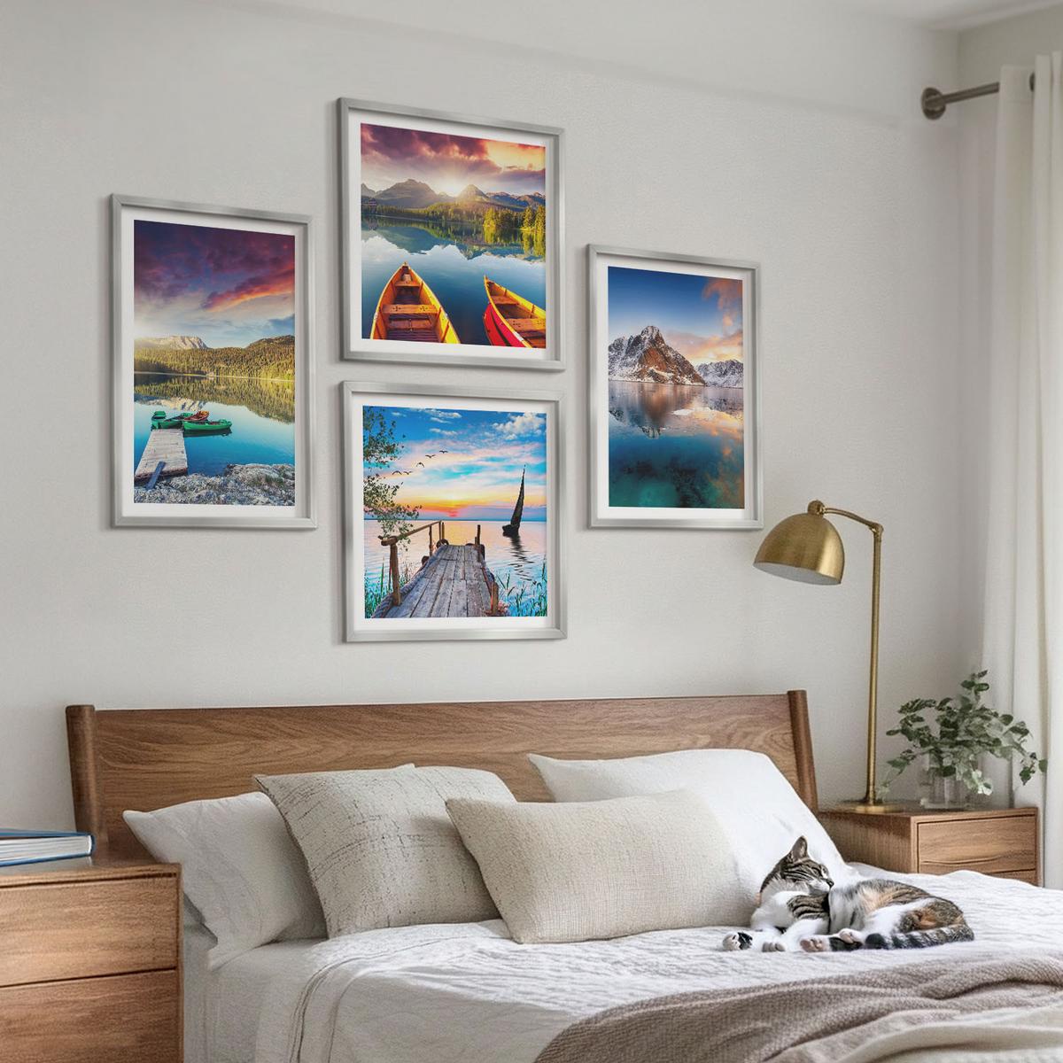 BILDER SET 4er Set - 50x50 cm & 40x60 cm Silberner Rahmen - Seen- und Berglandschaft Łódź - Silberfarben, Kunststoff (50/50cm) - TULUP