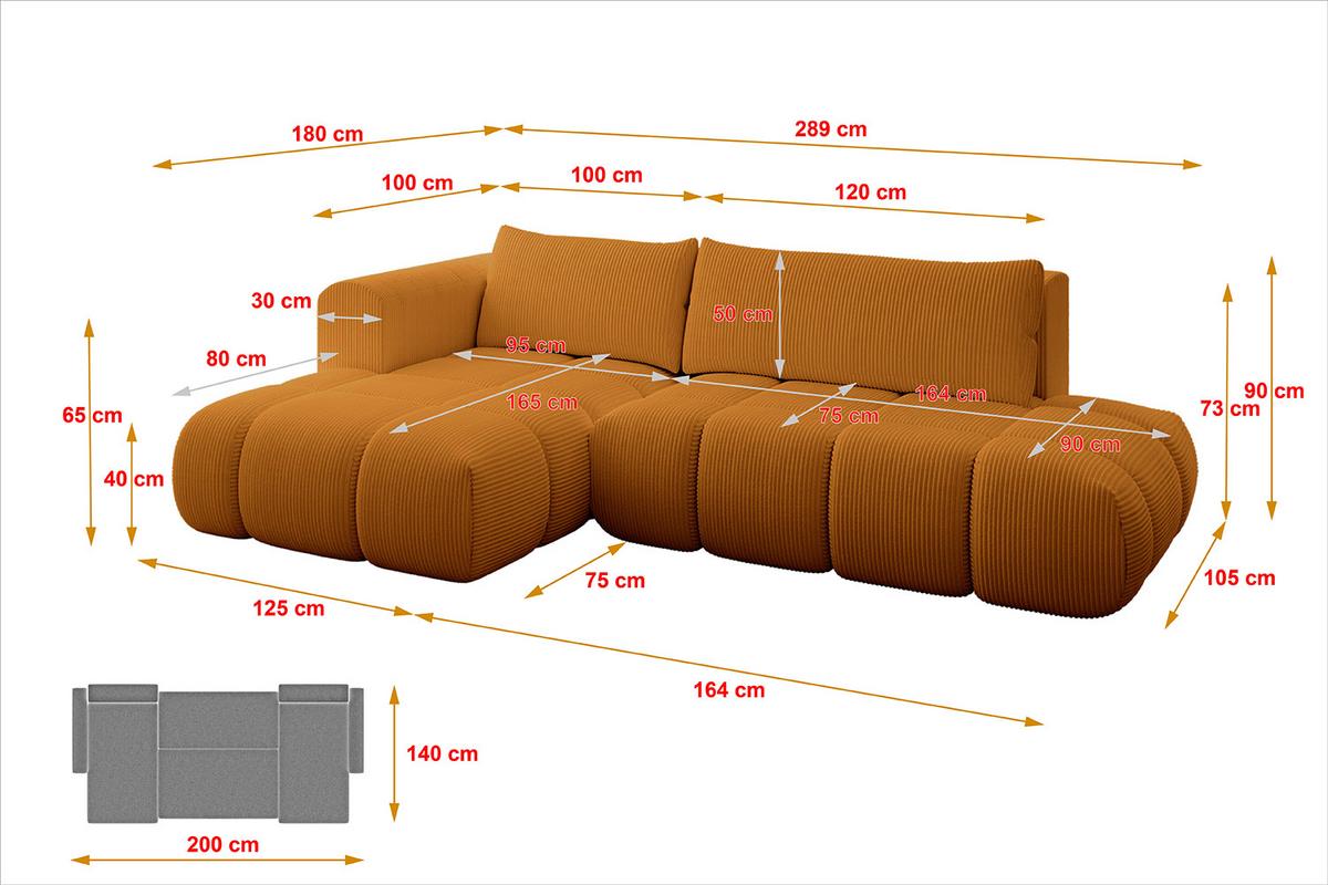 ECKSOFA Ottomane Links CLOUD-L 280x185x90 Senfgelb Cord - Currygelb, Holzwerkstoff/Kunststoff (180/289cm) - ALTDECOR