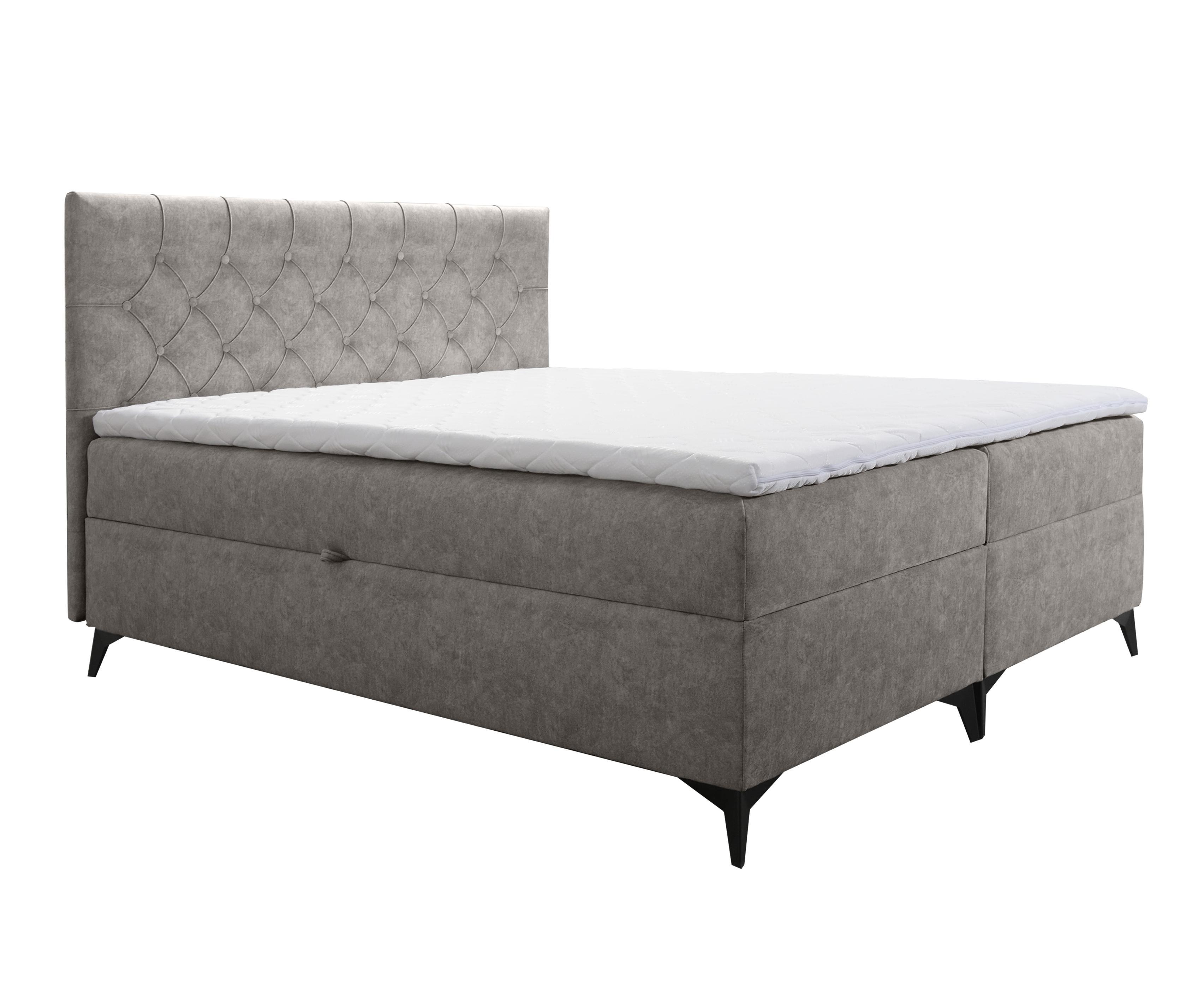 BOXBETT Palmeria 180/200 cm in Graubeige – mit Bettkasten und Topper - Taupe/Schwarz, Holz/Holzwerkstoff (180/200cm) - AX Living