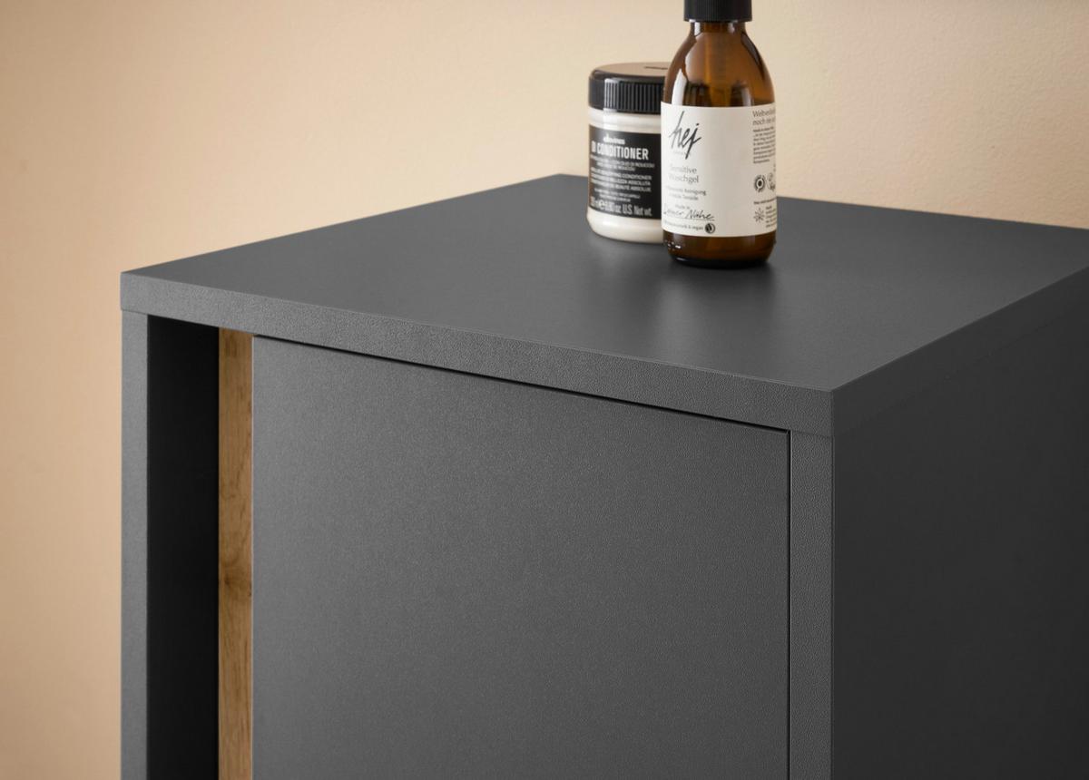 BAD-HOCHSCHRANK grau matt, Wotan Eiche, Badschrank 34 x 200 cm - Eiche Wotan/Schwarz, Holzwerkstoff/Kunststoff (34/199/34cm) - Furn.Design