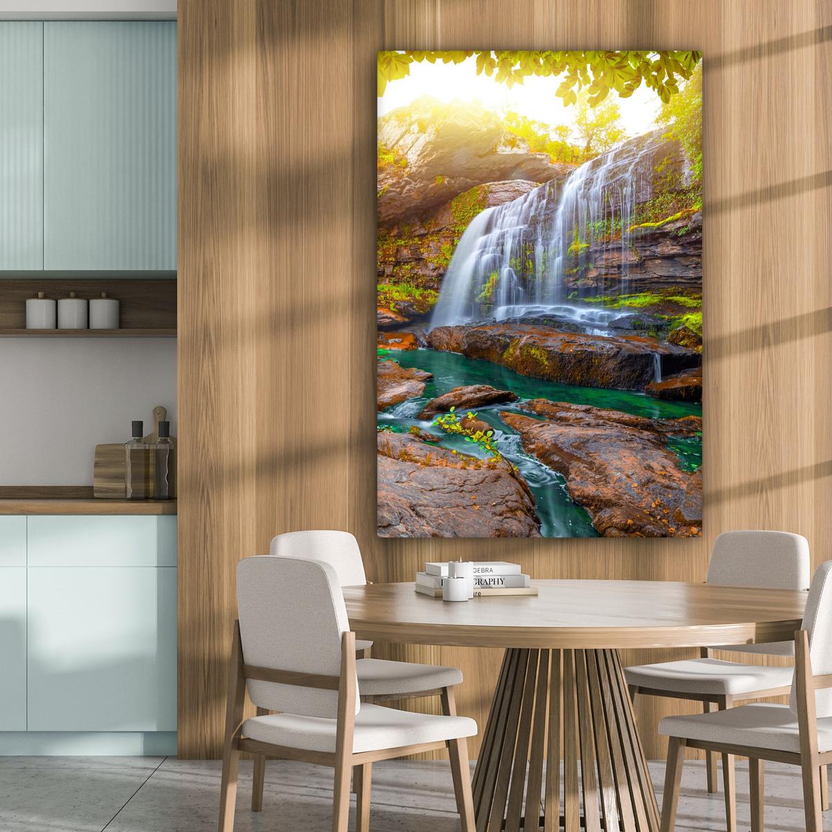 LEINWANDBILD Natur - Wasserfall - Pflanzen - Bäume - Sonne Deko XXL 80x120 cm - Olivgrün, Textil (80/120cm) - MuchoWow