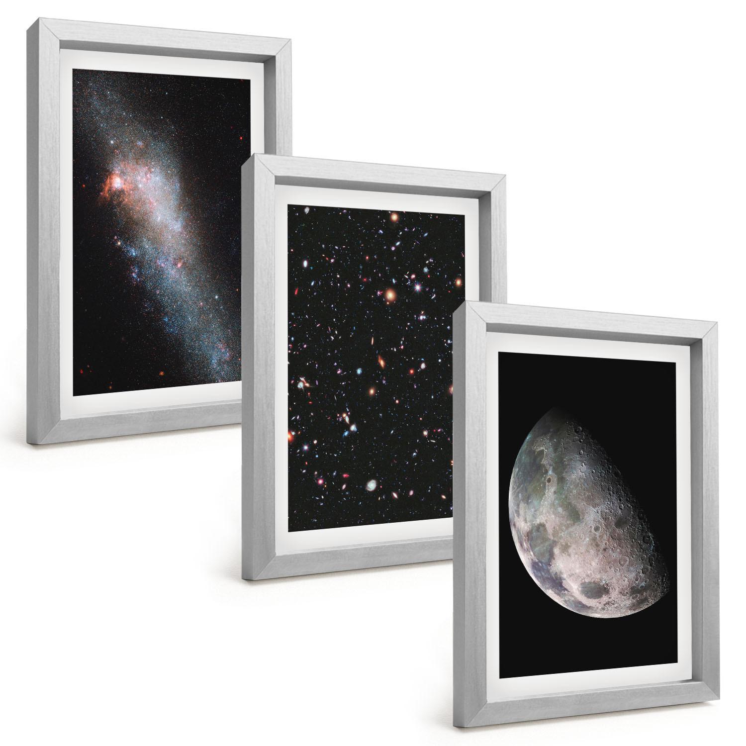 BILDER SET 3er Set - 20x30 cm Silberner Rahmen - Weltraum Galaxien Sterne Mond - Silberfarben, Kunststoff (20/30cm) - TULUP