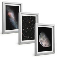 BILDER SET 3er Set - 20x30 cm Silberner Rahmen - Weltraum Galaxien Sterne Mond - Silberfarben, Kunststoff (20/30cm) - TULUP