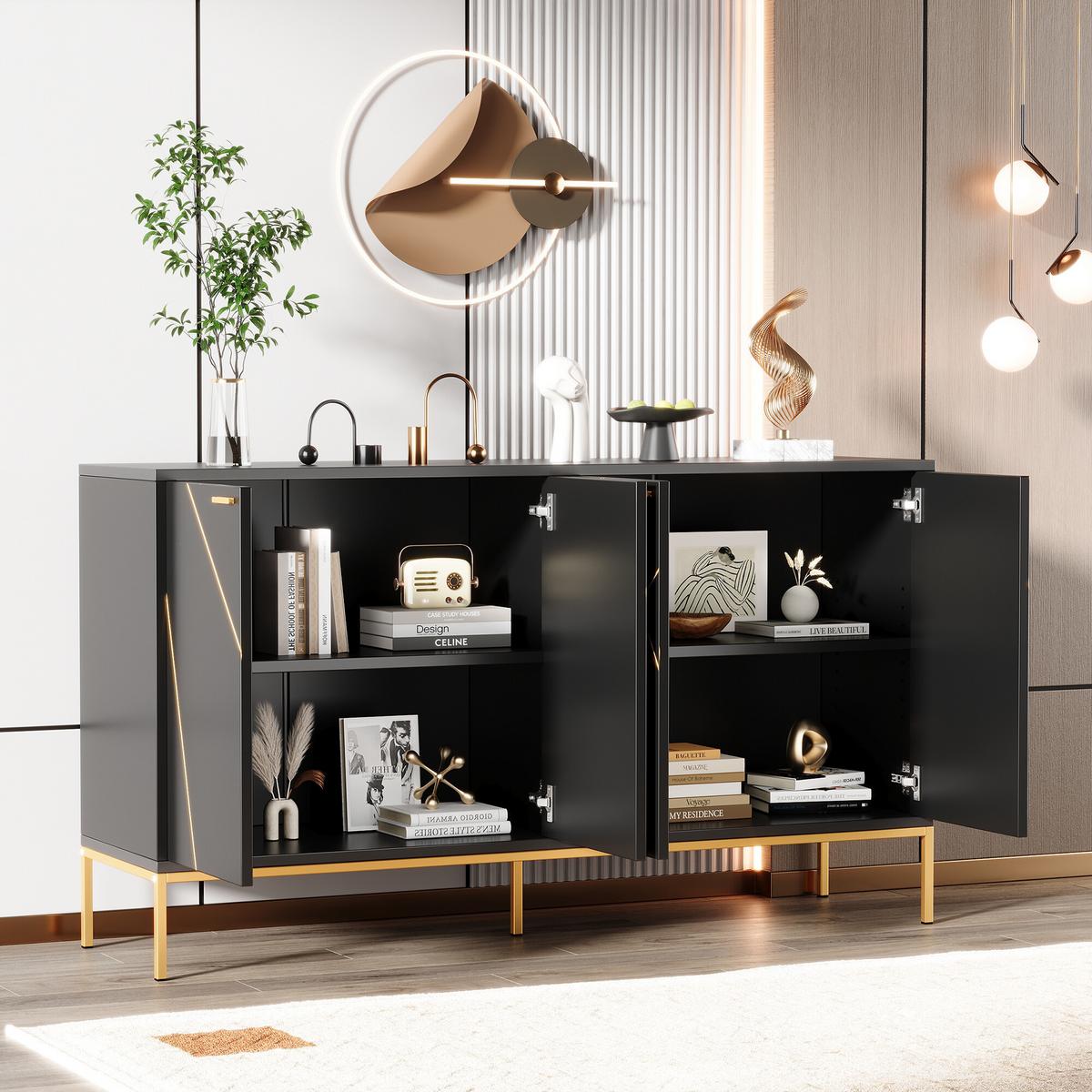 SIDEBOARD mit goldenen geometrischen Mustern - Schwarz, Holzwerkstoff/Metall (40/80/150cm) - Urban Meuble