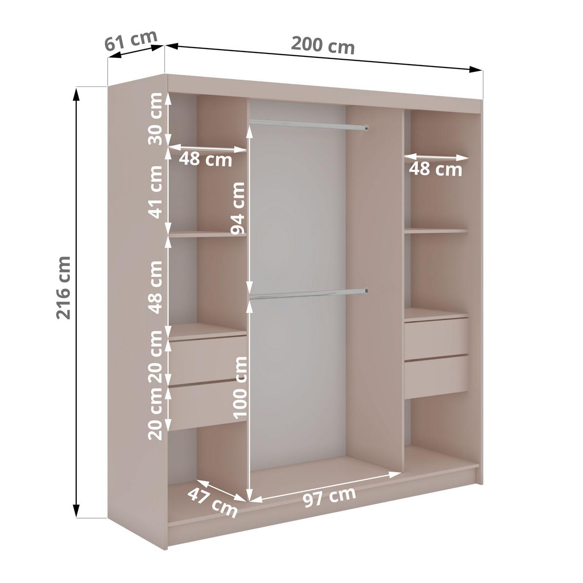 SCHWEBETÜRENSCHRANK mit Spiegel und Schubladen - WALENCJA - 200 - Kaschmir-Grau lacobel - Kaschmir/Alufarben, Holzwerkstoff/Metall (200/216/61cm) - MKS