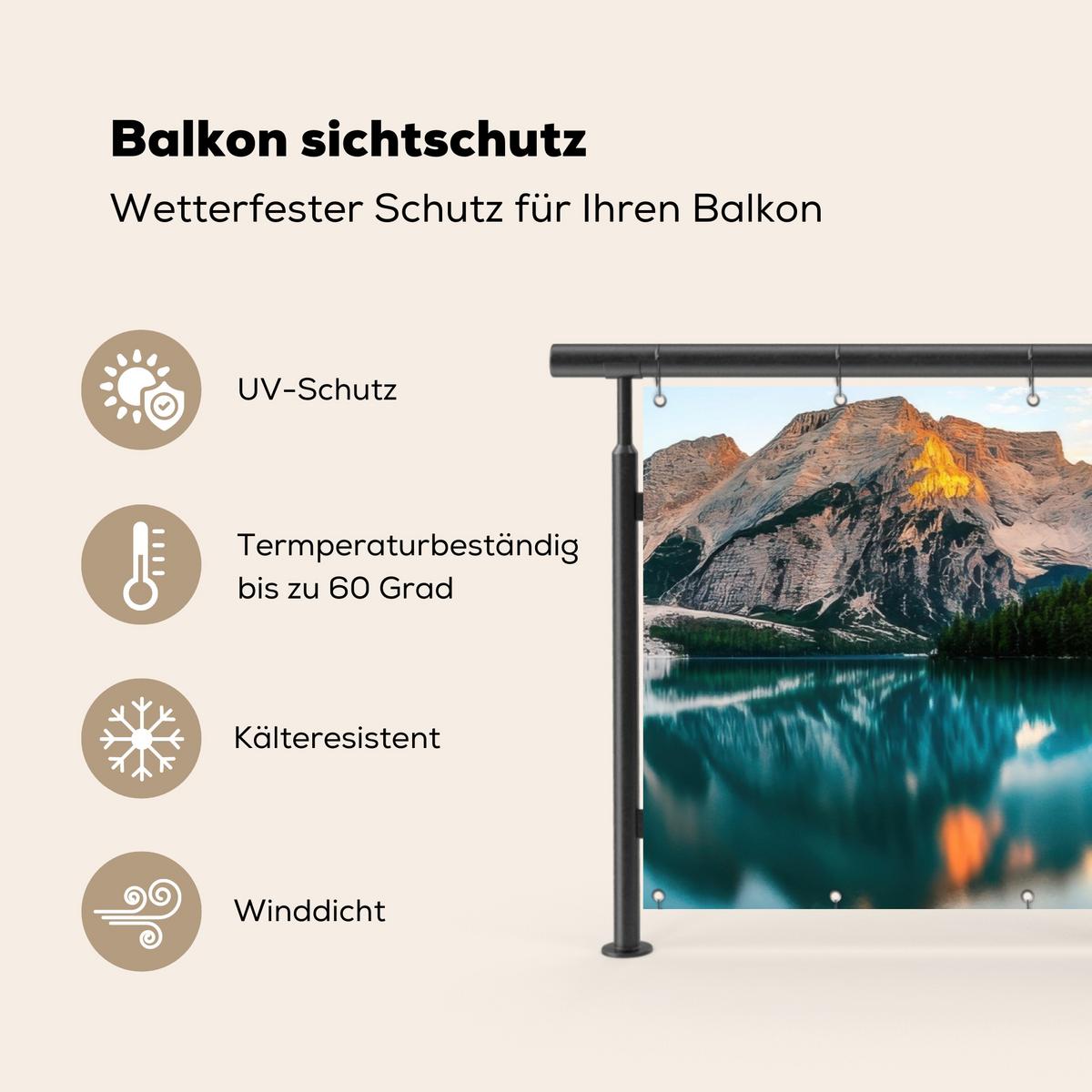 BALKON-SICHTSCHUTZ See - Berge - Sonnenuntergang - Boot Witterungsbeständig 200x90 cm - Petrol, Kunststoff (200/90cm) - MuchoWow