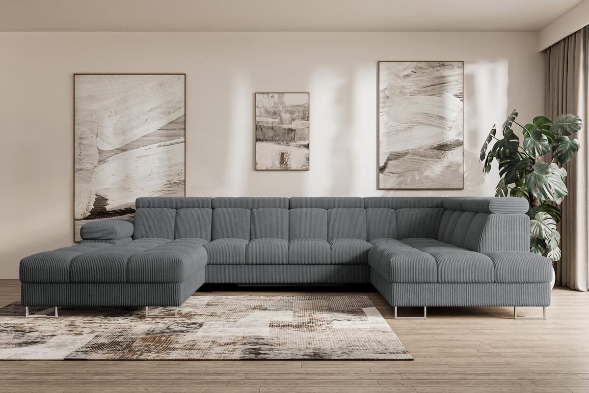 WOHNLANDSCHAFT mit Schlaffunktion und Bettkasten Ottomane RECHTS COMA U 345x203x79 Dunkelgrau Cord - Graphitfarben, Holzwerkstoff/Textil (203/79/345cm) - ALTDECOR