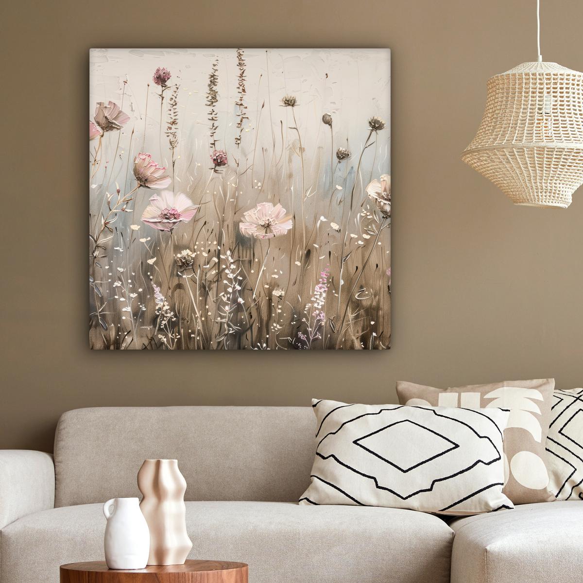 LEINWANDBILD Blumen - Rosa - Modern - Beige Deko Groß 90x90 cm - Beige, Textil (90/90cm) - MuchoWow