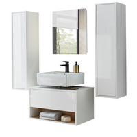BADMÖBEL-SET 4-teilig weiß Hochglanz, Eiche 160 cm, Kombination mit LED Beleuchtung - Weiß Hochglanz/Eichefarben, Glas/Holzwerkstoff (160/190/46cm) - Furn.Design
