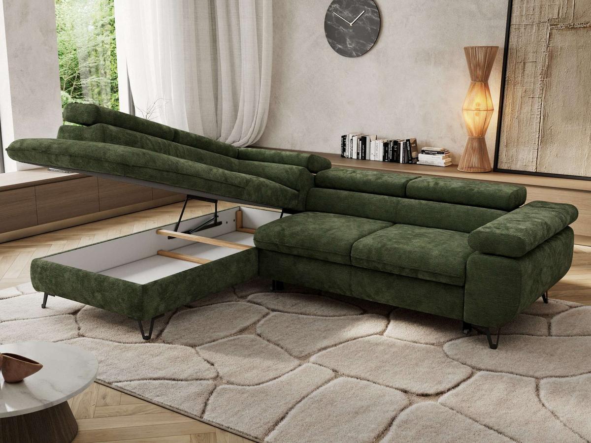 ECKSOFA PABLO L Dunkelgrün Schenille glatt - Links Seite mit Visco Topper - Dunkelgrün/Schwarz, Textil/Metall (208/273cm) - MKS