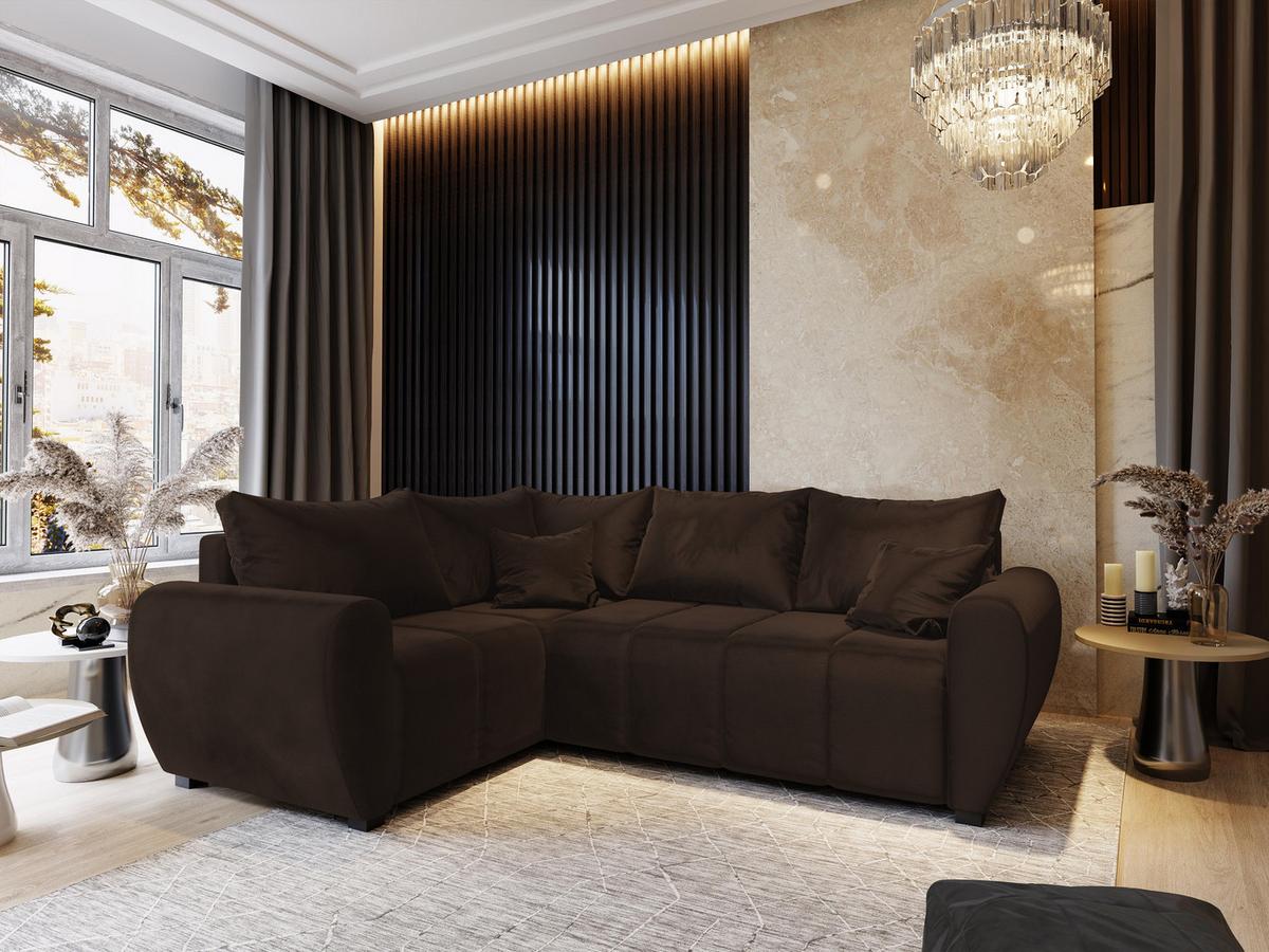 ECKSOFA MADISON L L-S Braun Plüsch-Stoff mit Schlaffunktion - Schwarz/Braun, Holz/Kunststoff (235/175cm) - MASSENO