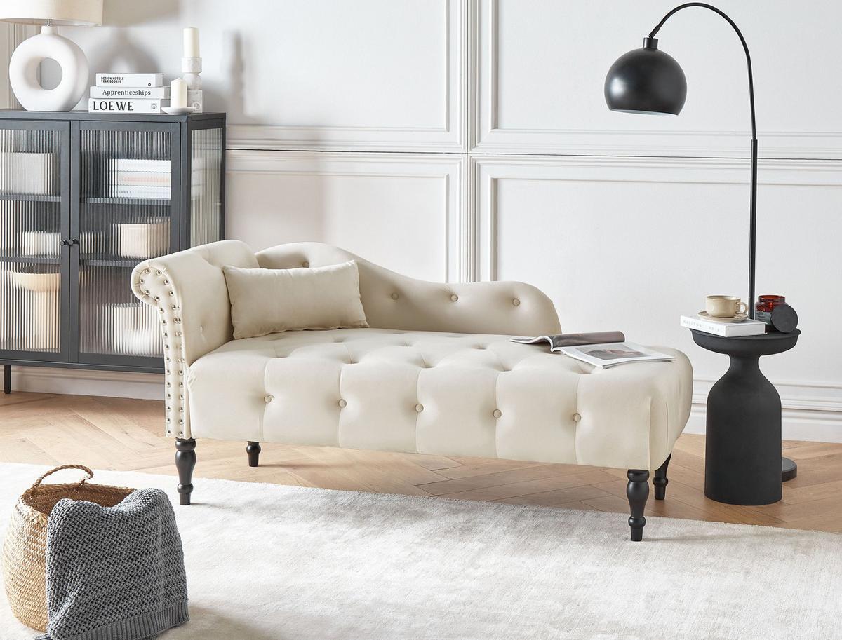 CHAISELONGUE-LINKSSEITIGE Samtstoff Hellbeige Ivry - Beige/Schwarz, Textil (152/72/62cm) - Beliani