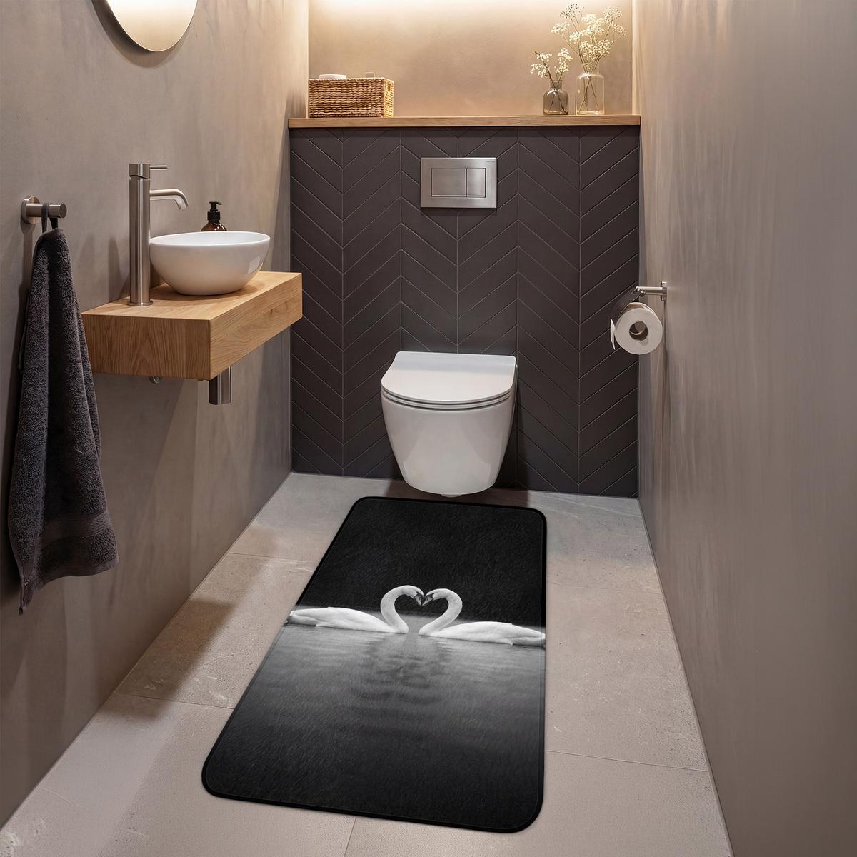 WC-VORLEGER Schwäne - Herz - Schwarz - Weiß Toilettenvorleger 60x120 cm - Schwarz, Textil (60/1cm) - OnlyWow