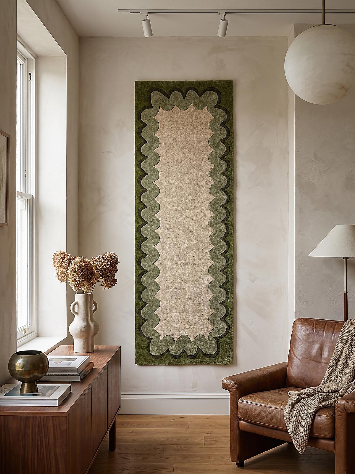 TEPPICHLÄUFER handgetuftet WAVENEY, Zickzack-Wellenbordüre, Olivgrün, 80 x 230 cm - Grün, Textil (80/230cm) - KADIMA DESIGN