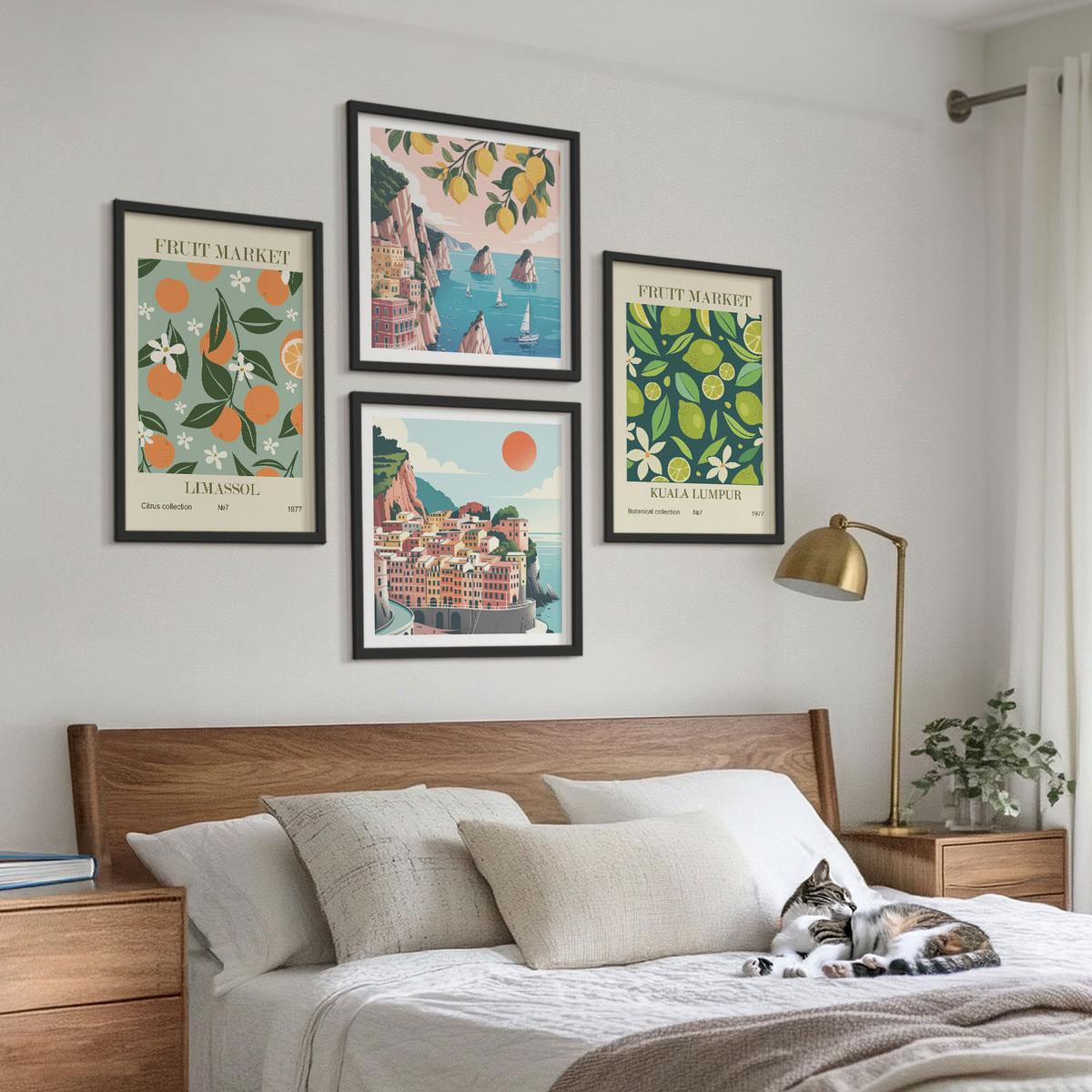 BILDER SET 4er Set - 50x50 cm & 40x60 cm Schwarzer Rahmen - Vintage-Poster mit Fruchtmustern - Schwarz, Kunststoff (50/50cm) - TULUP