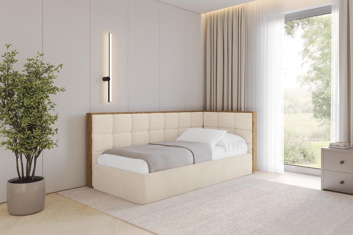EINZELLBETT Jugendbett mit Bettkasten und Matratze H3/H4, Links - SOVY 90x200 Beige - Creme, Holzwerkstoff/Textil (90/200cm) - ALTDECOR