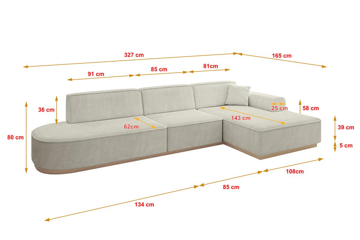 ECKSOFA Ottomane Rechts IREA-L2 - 327x165x80 cm Creme - Ecru/Creme, Holzwerkstoff/Textil (327/165cm) - ALTDECOR