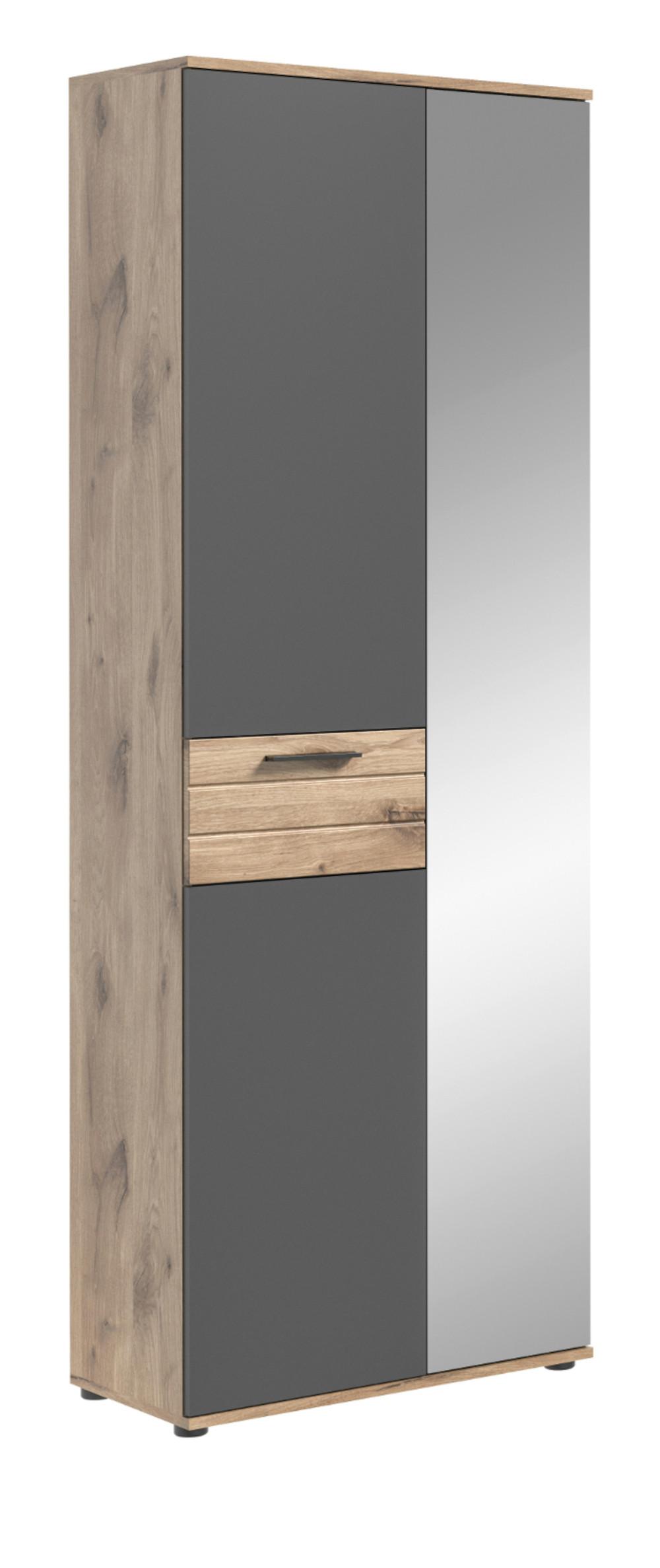 GARDEROBENSCHRANK Eiche, grau 70/200 cm mit Spiegel - Eichefarben/Schwarz, Glas/Holzwerkstoff (70/200/37cm) - Inn.Furn
