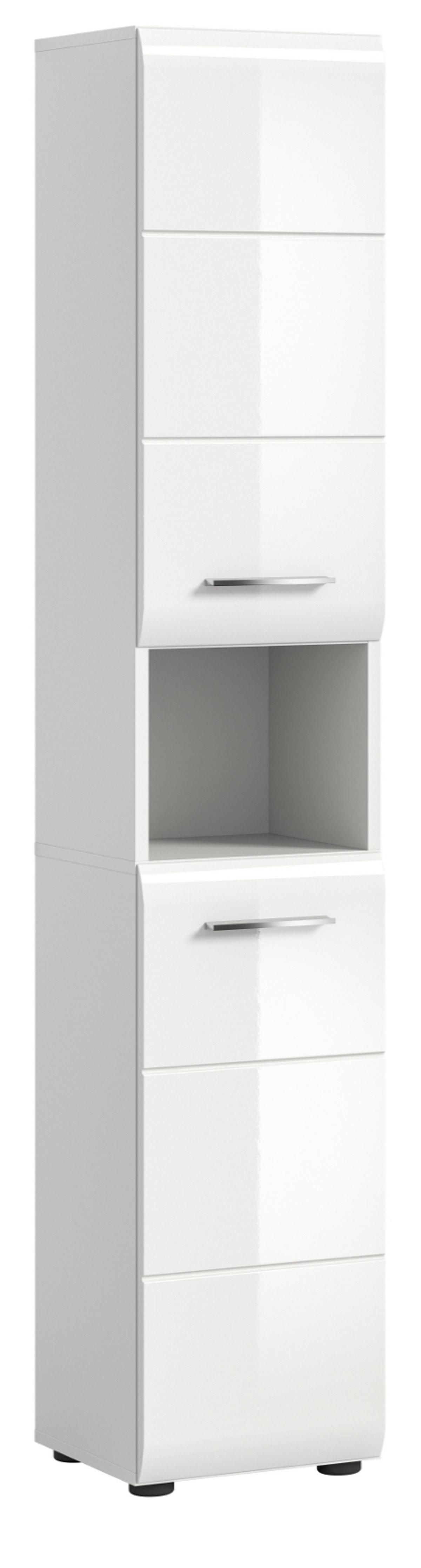 HOCHSCHRANK weiß Hochglanz, Badschrank 30 cm mit viel Stauraum - Weiß Hochglanz/Silberfarben, Holzwerkstoff/Kunststoff (30/185/30cm) - Inn.Furn