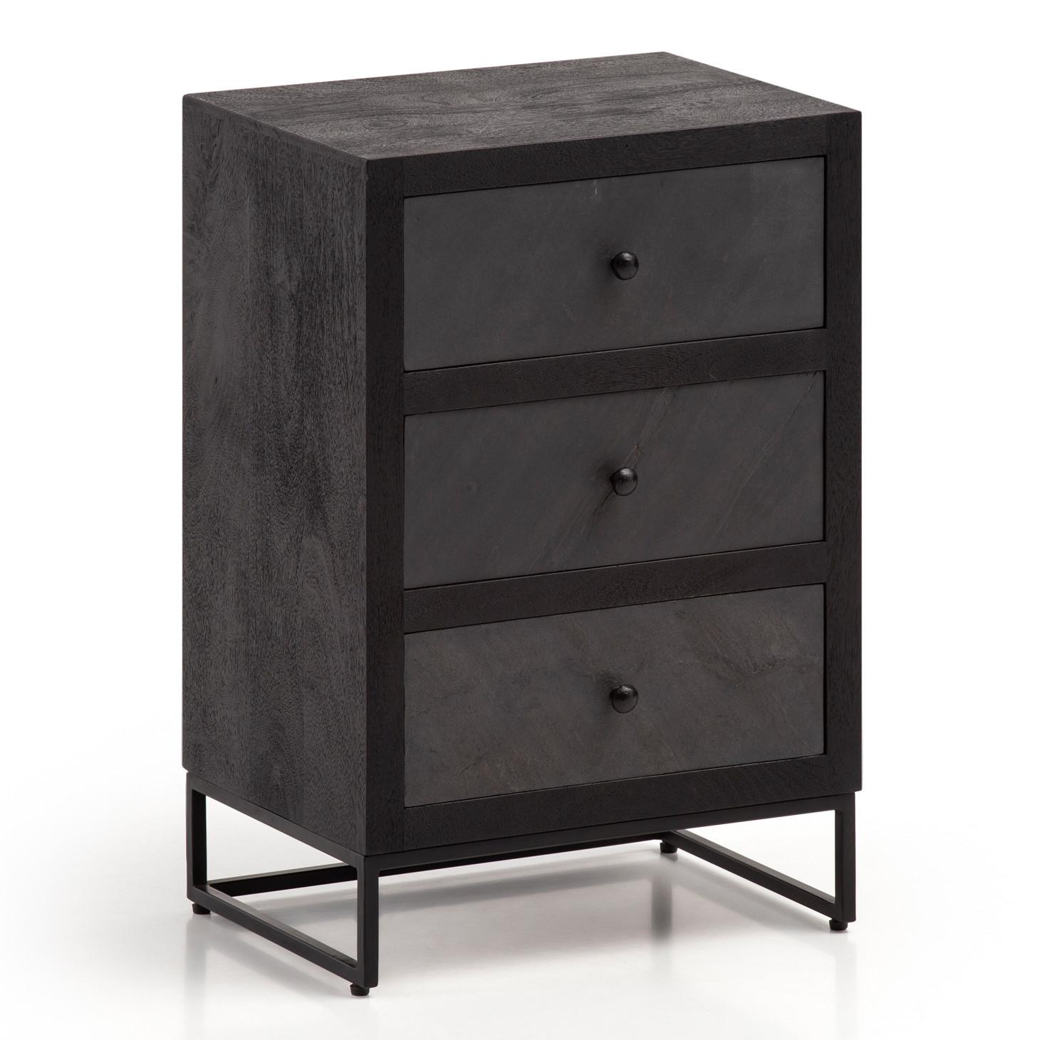 NACHTTISCH Massivholz Steinoptik 3 Schubladen Metallgestell, Schwarz 40x30x60 cm - Schwarz, Holz/Metall (40/60/30cm) - KADIMA DESIGN