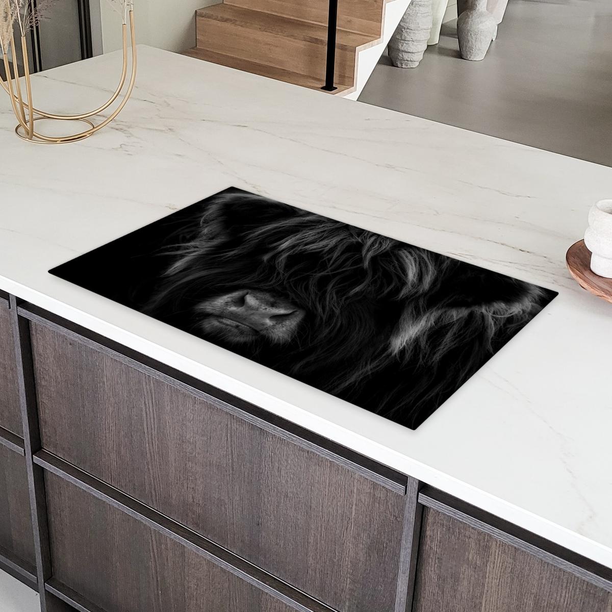 HERDABDECKPLATTE Schottischer Highlander - Kuh - Schwarz - Weiß - Tiere Ceranfeldabdeckung 90x52 cm - Schwarz, Kunststoff (90/52/0.2cm) - MuchoWow