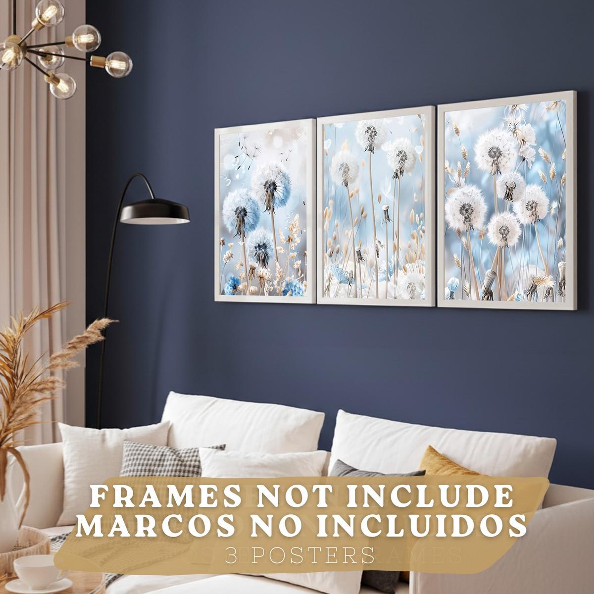 POSTER 3er Kunstdruck-Set Wandbilder Floral Blau modern Wohnzimmer Deko, Schlafzimmer, Küche, Badezimmer Rahmenlos A4 - Klar, Papier (29.7/1/21cm) - Nacnic