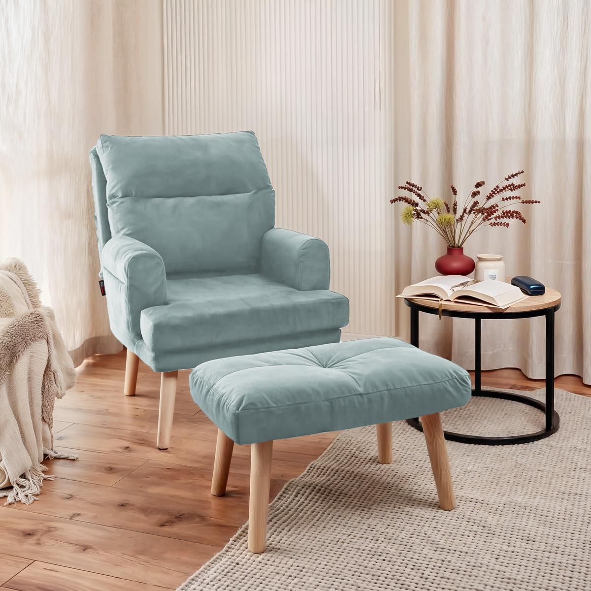 RELAXSESSEL NEMO mit Hocker und Holzfüßen - Blau, Holz (65/95/65cm) - Idohome