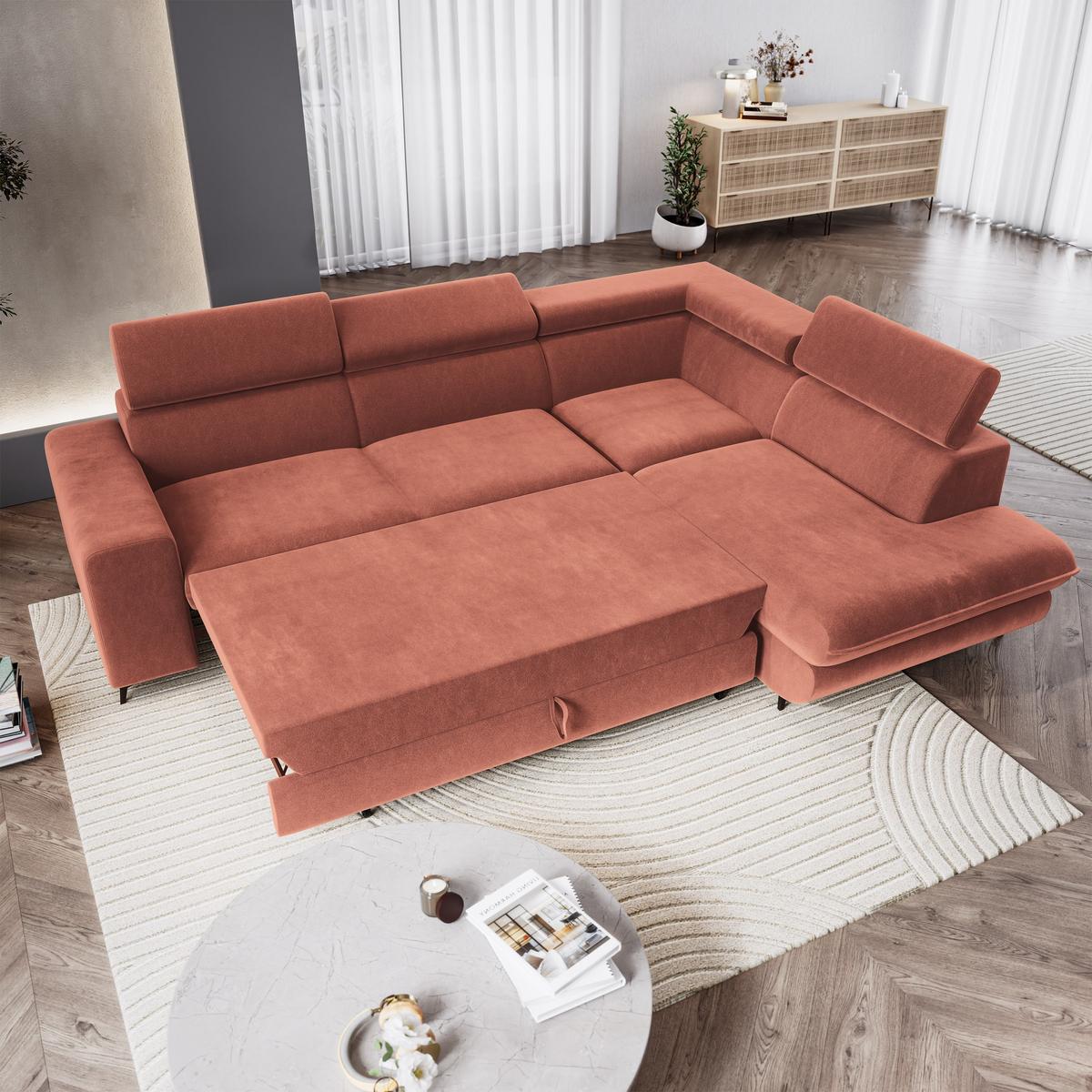 ECKSOFA VELISS Koralle Veloursstoff mit Schlaffunktion - Koralle, Holz (255/193cm) - MASSENO