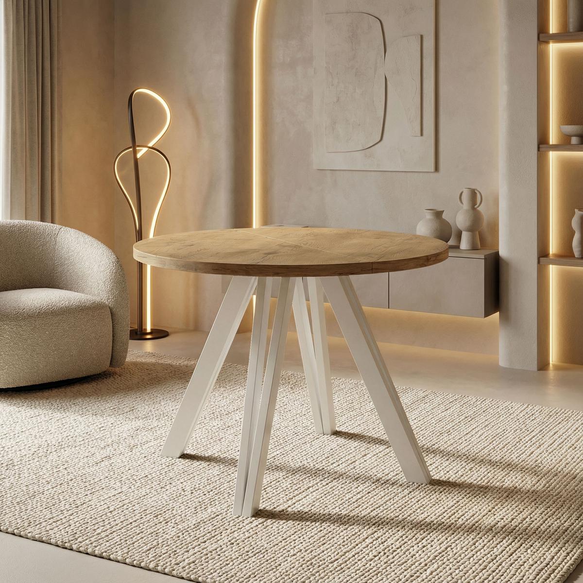 ESSTISCH Ravero runder ausziehbarer, Eiche Hell Braun 100-140/100/77 cm - Eichefarben/Weiß, Holz/Holzwerkstoff (100/140/76.5cm) - WFL GROUP