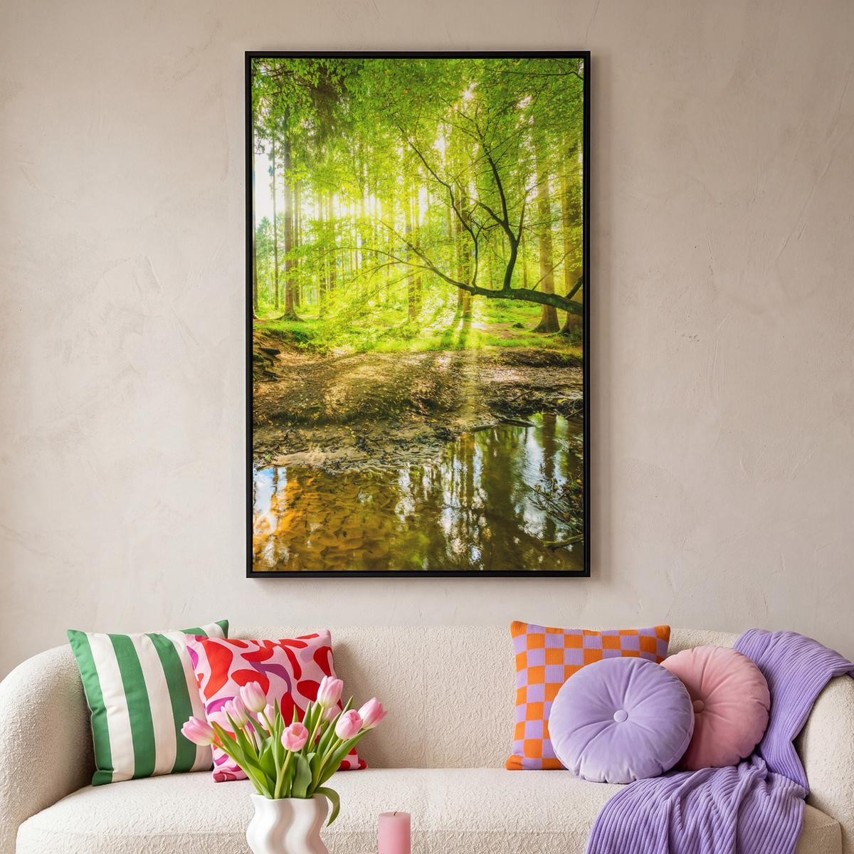 LEINWAND Bilder mit Rahmen - Wald - Landschaft - Wasser - Bäume - Sonne - Grün - Natur - 100x150 - Grün, Textil (100/150cm) - MuchoWow