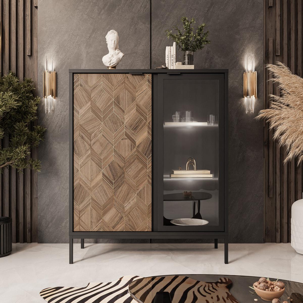VITRINE LIAM mit Beleuchtung - Schwarz, Holzwerkstoff (101/124/41cm) - Lookway
