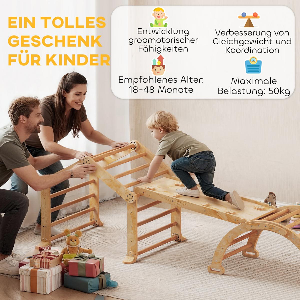 INDOOR-KLETTERGERÜST 9-in-1 Rampe Rutsche Leiter Schreibtafel - Naturfarben, Holz (52.5/48/100cm) - AIYAPLAY