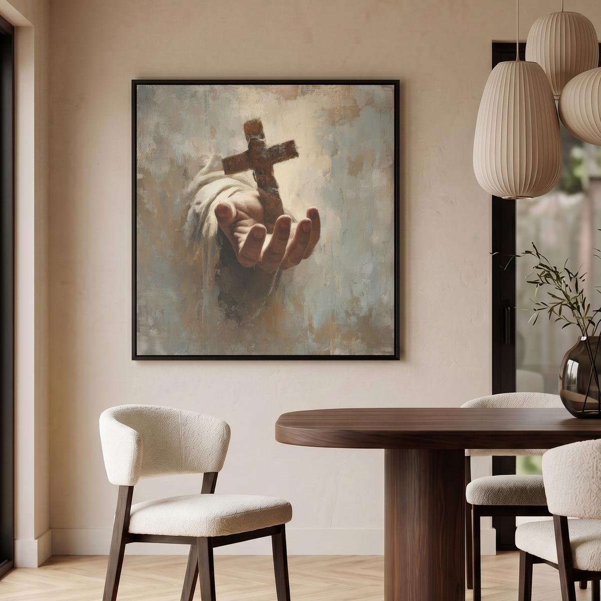 LEINWAND Bilder mit Rahmen - Abstrakt - Kreuz - Hand - Christentum - 90x90 - Hellbraun, Textil (90/90cm) - MuchoWow