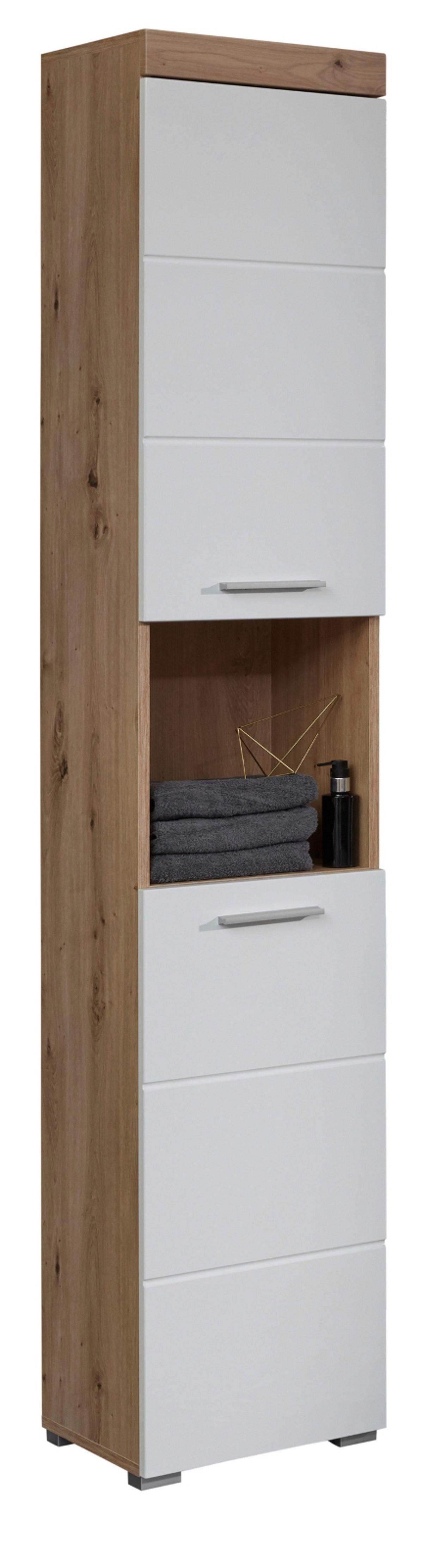 HOCHSCHRANK weiß Hochglanz, Asteiche 37 cm, Badschrank in modernem Design - Eichefarben/Weiß, Holzwerkstoff/Kunststoff (37/190/31cm) - Top.Furn