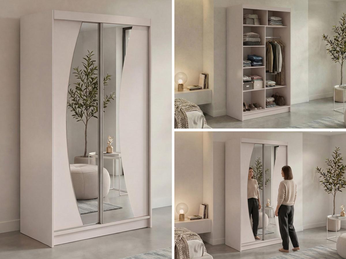 SCHWEBETÜRENSCHRANK 120 - VERONA - Kaschmir mit Spiegel - Kaschmir/Alufarben, Holzwerkstoff/Metall (120/216/61cm) - MKS