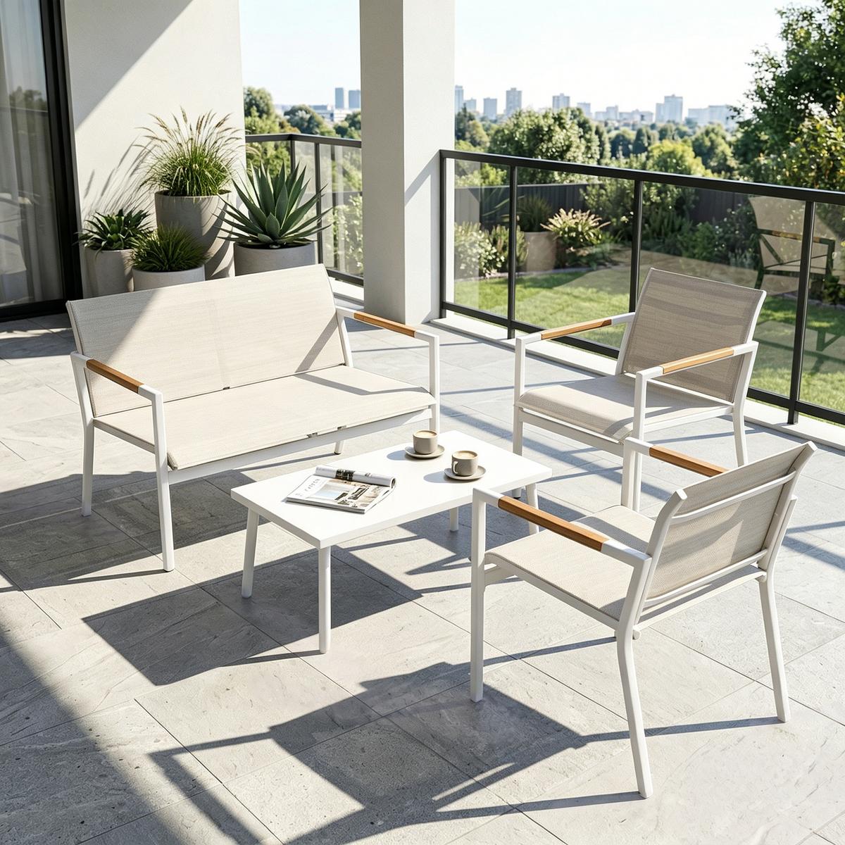 BALKONMÖBEL 4ER-SET aus Metall Netzstoff Cremeweiß - Creme/Weiß, Textil/Metall - Outsunny