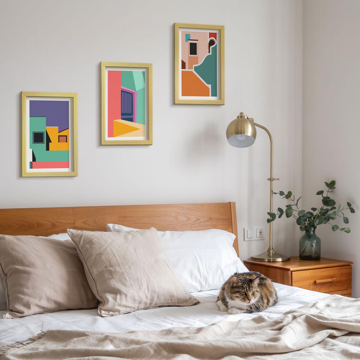 BILDER SET 3er Set - 20x30 cm Goldrahmen - Farbenfrohe Illustrationen der Stadt - Goldfarben, Kunststoff (20/30cm) - TULUP