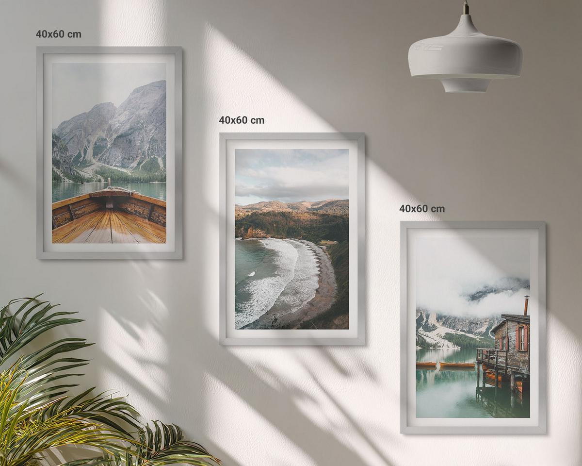 BILDER SET 3er Set - 40x60 cm Silberner Rahmen - Berge, See, Boot, Strand, Landschaft - Silberfarben, Kunststoff (40/60cm) - TULUP