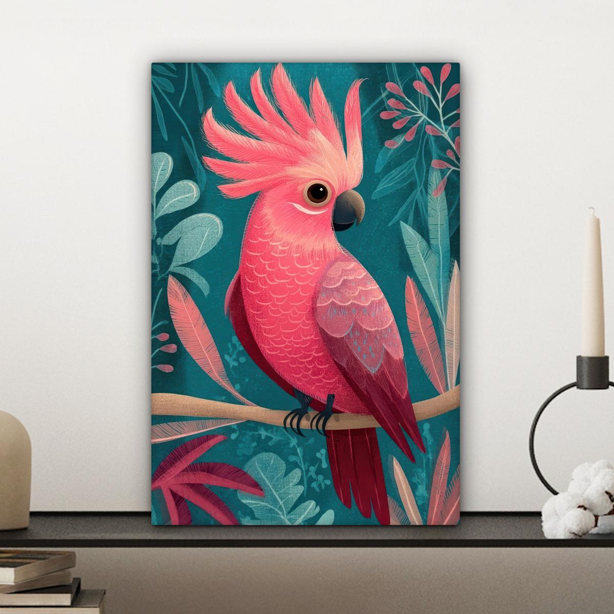 LEINWANDBILD Kakadu - Tropische Blätter - Zweig Deko Wohnzimmer 20x30 cm - Petrol, Textil (20/30cm) - MuchoWow