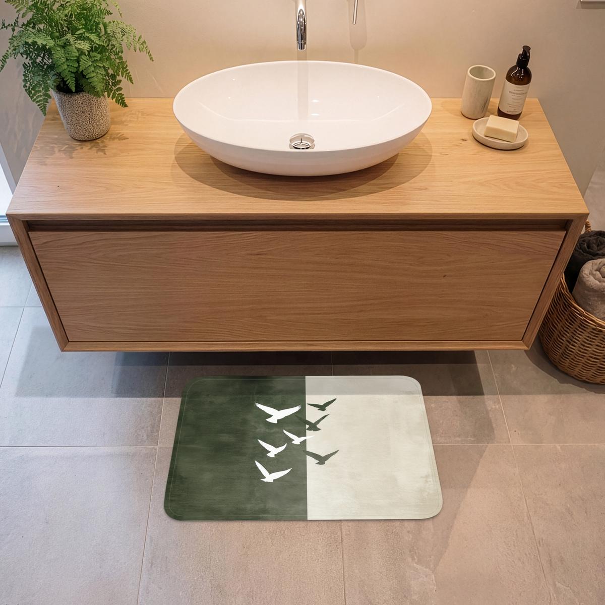 BADEMATTE Japandi - Vogel - Grün 60x40 cm - Olivgrün, Textil (60/40cm) - OnlyWow