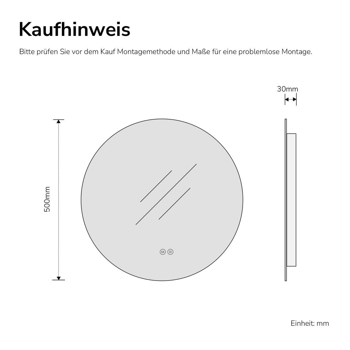 BADSPIEGEL Rund mit Beleuchtung Rahmenlos, 3 Lichtfarben, Ø 50 cm - Transparent, Glas (50/50/3cm) - EMKE