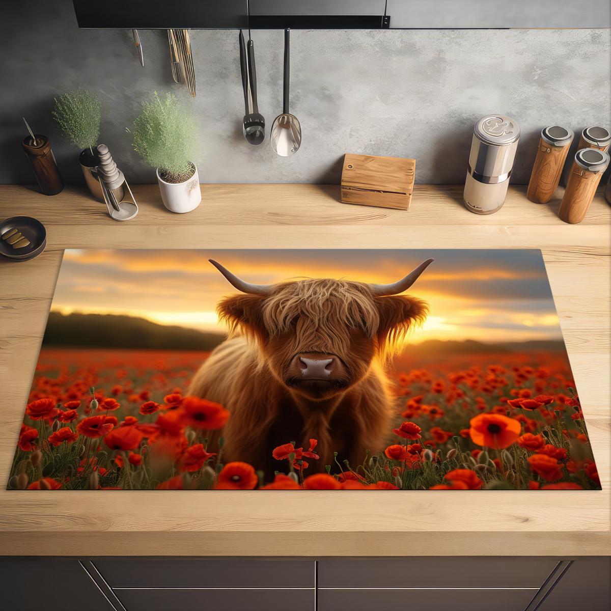 HERDABDECKPLATTE Schottische Highlander - Rosen - Blumenfeld - Sonnenuntergang Induktionsschutz 91.6x52.7 cm - Rotbraun, Kunststoff (91.6/52.7/0.2cm) - MuchoWow