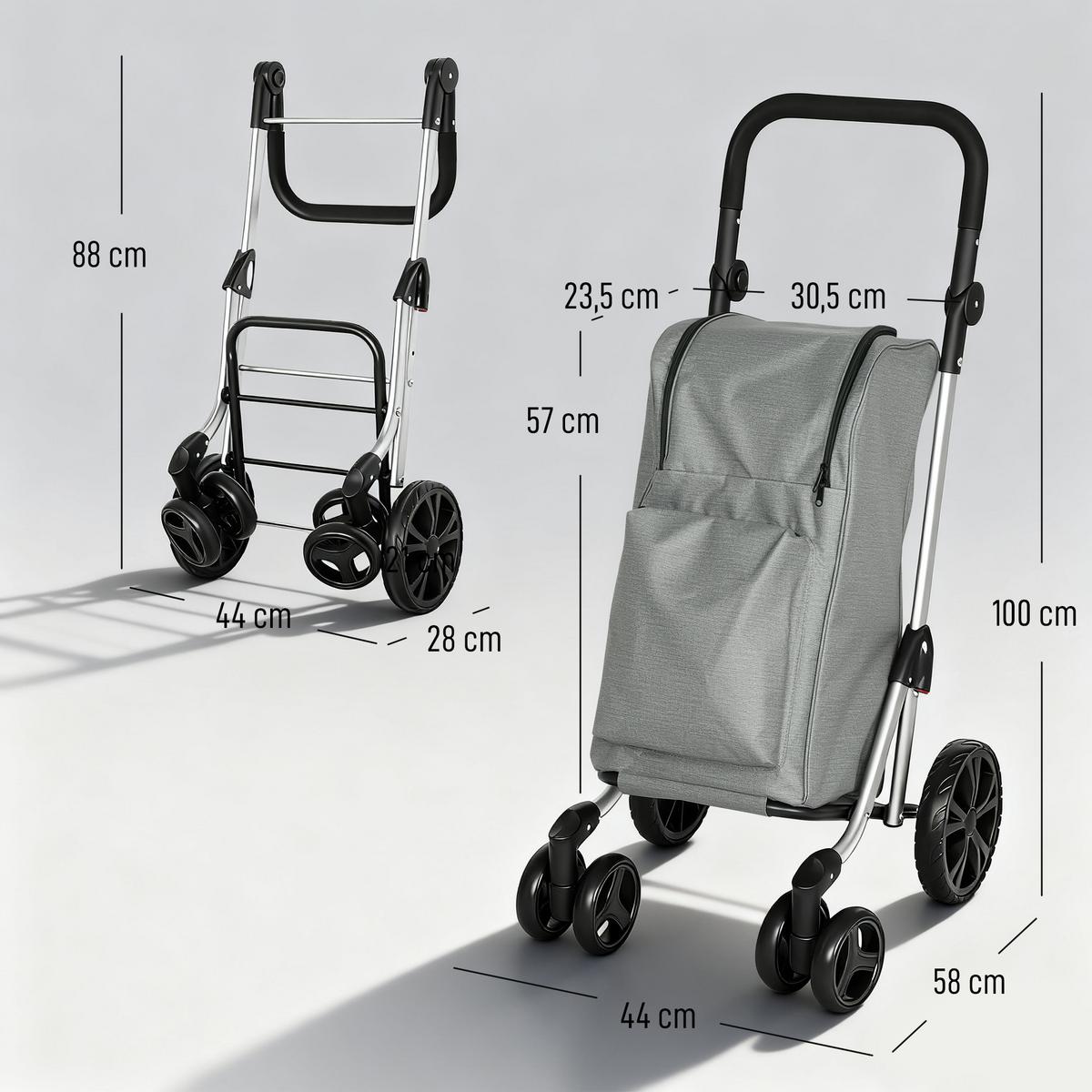 EINKAUFSTROLLEY klappbar Einkaufswagen mit Kühlfach, verstellbar Griff Grau - Schwarz/Grau, Kunststoff/Textil (44/100/58cm) - HOMCOM