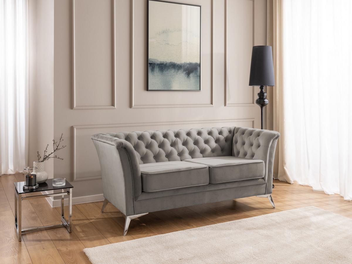 CHESTERFIELD-SOFA 2-sitzer Whitby Grau Samt mit silbernen Füßen - Silberfarben/Grau, Holz/Textil (175/78/82cm) - S-Style Möbel