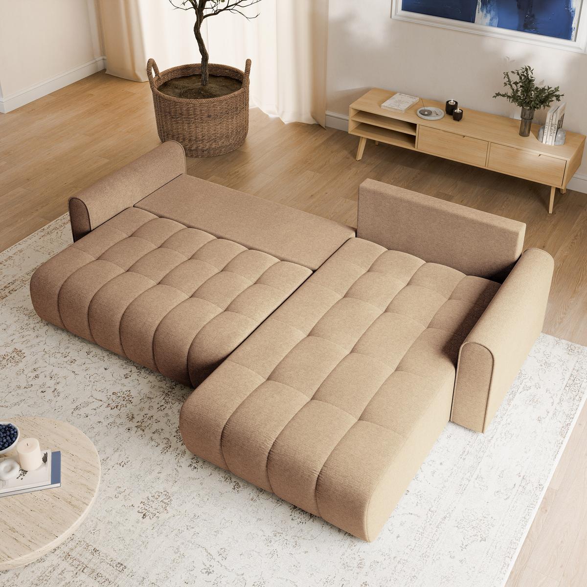 ECKSOFA FRIGA Beige Strukturstoff mit Schlaffunktion - Beige, Holz (283/185cm) - MASSENO