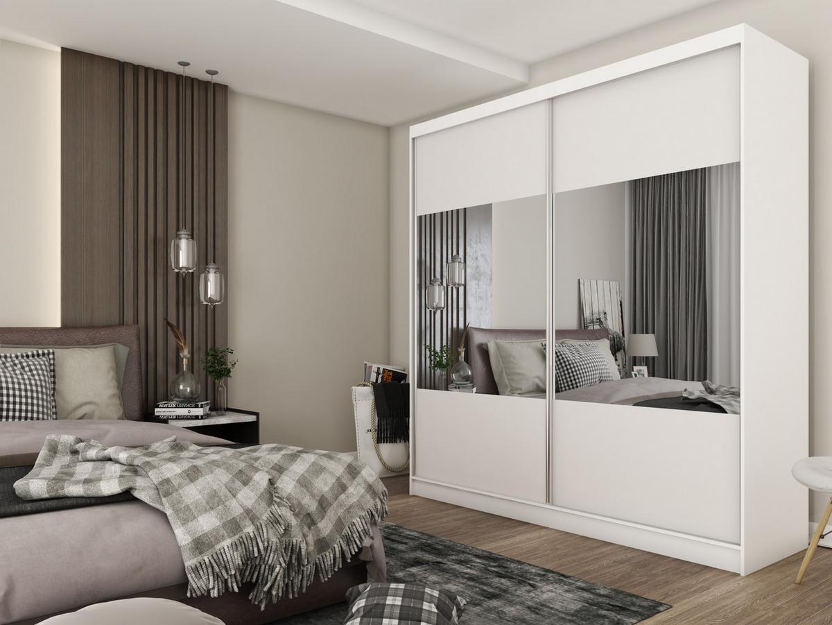 KLEIDERSCHRANK mit Spiegel-Schiebetüren und Aluminium-Leisten, LED-Beleuchtung - CELI - 200 cm Weiß - Weiß, Holzwerkstoff (200/216/61cm) - ALTDECOR