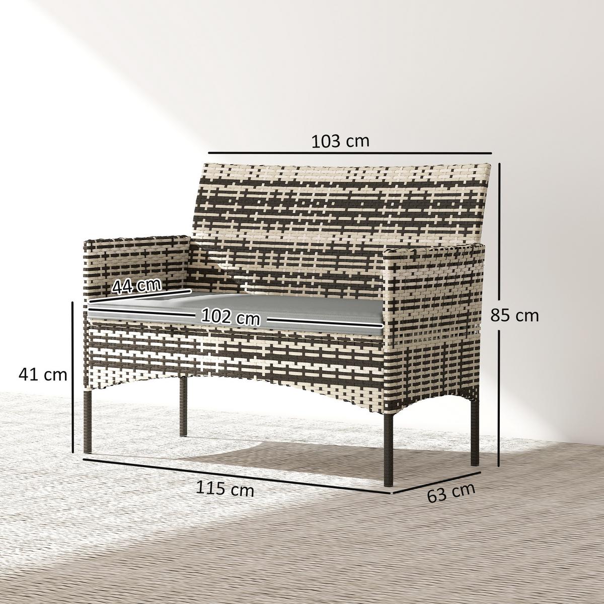 GARTENBANK 2-Sitzer aus PE-Rattan-Stahl Hellgrau - Dunkelgrau/Beige, Textil/Metall (63/85/115cm) - Outsunny