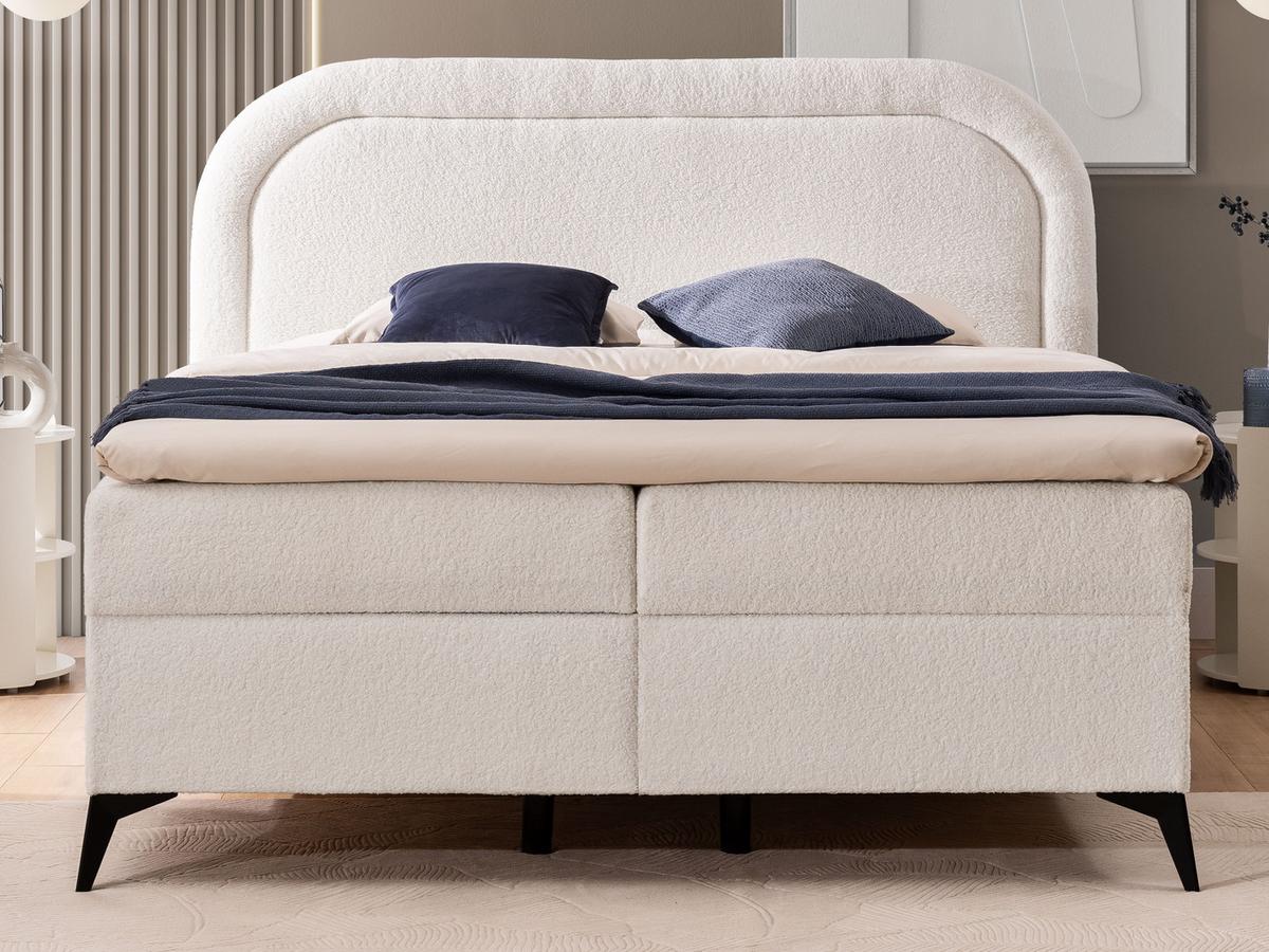 BOXBETT Sonna 180/200 cm Weiß Bouclé-Stoff mit abgerundetem Kopfteil und mit schwarzen Metallfüßen - Schwarz/Weiß, Holz/Textil (180/200cm) - S-Style Möbel