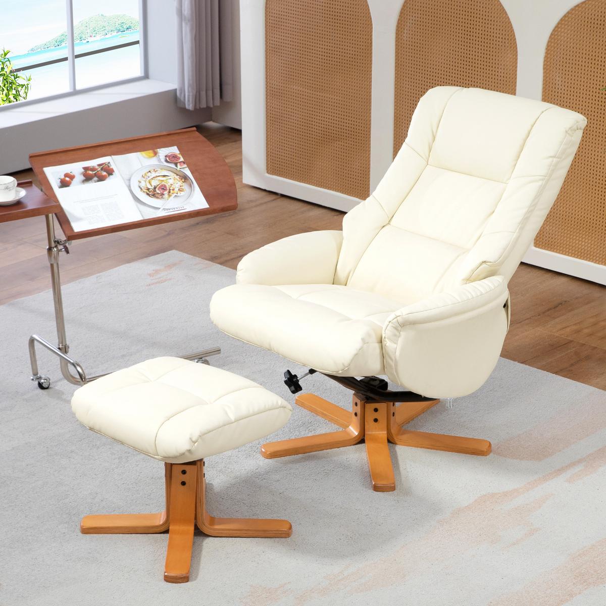 RELAXSESSEL mit Hocker, Fernsehsessel mit Liegefunktion, Wippfunktion, Schwarz - Gelb/Creme, Leder/Holz (84/102/71cm) - HOMCOM