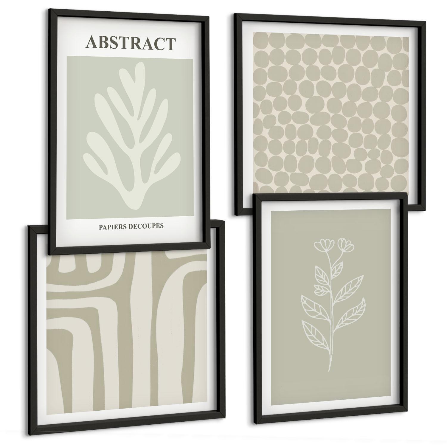 BILDER SET 4er Set - 50x50 cm & 40x60 cm Schwarzer Rahmen - Pflanzen- und geometrische Muster - Schwarz, Kunststoff (50/50cm) - TULUP